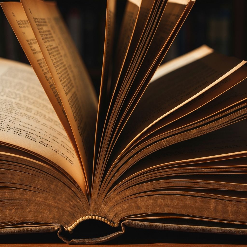 Alte Buchseiten mit Textur und dramatischer Beleuchtung, akademische Archivmaterialien