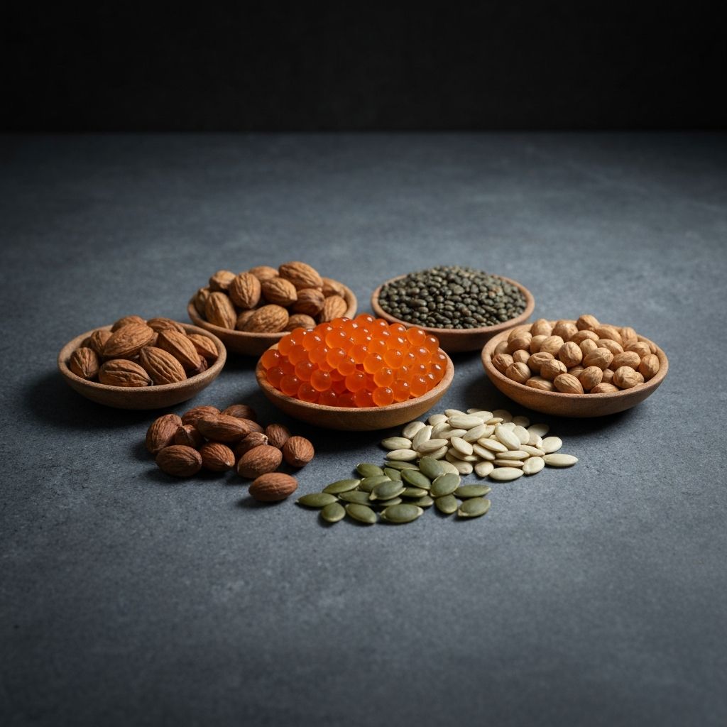 Proteinreiche Lebensmittel arrangiert, Fisch, Nüsse, Eier mit dramatischer Beleuchtung