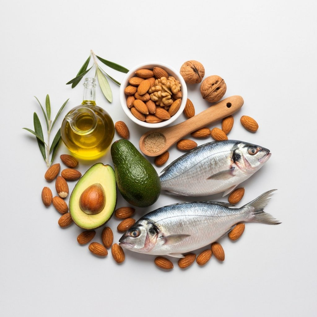 Gesunde Fettquellen, Olivenöl, Nüsse, Avocado mit wissenschaftlicher Anordnung