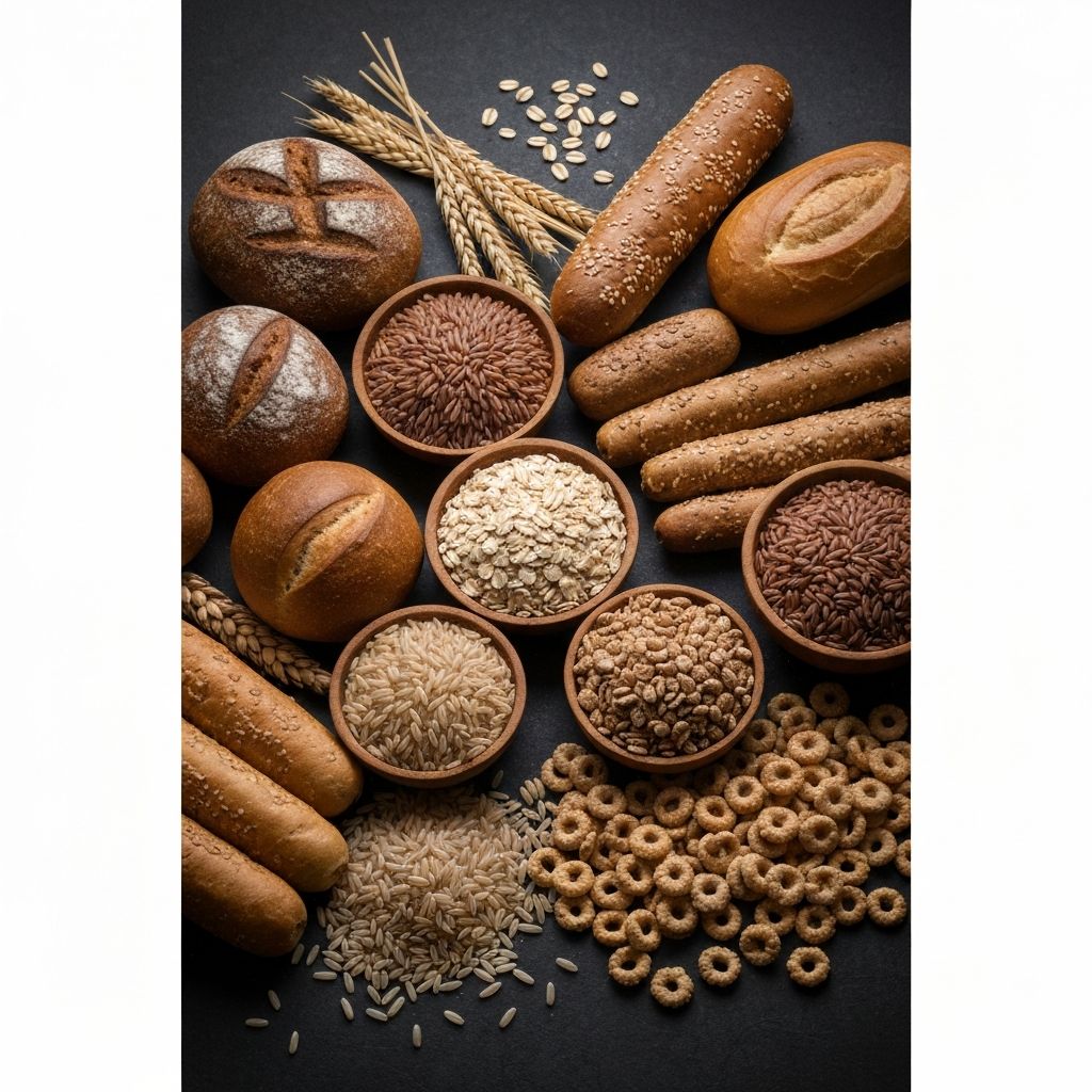 Vollkornprodukte, Hafer, brauner Reis, Getreide mit dramatischer Beleuchtung